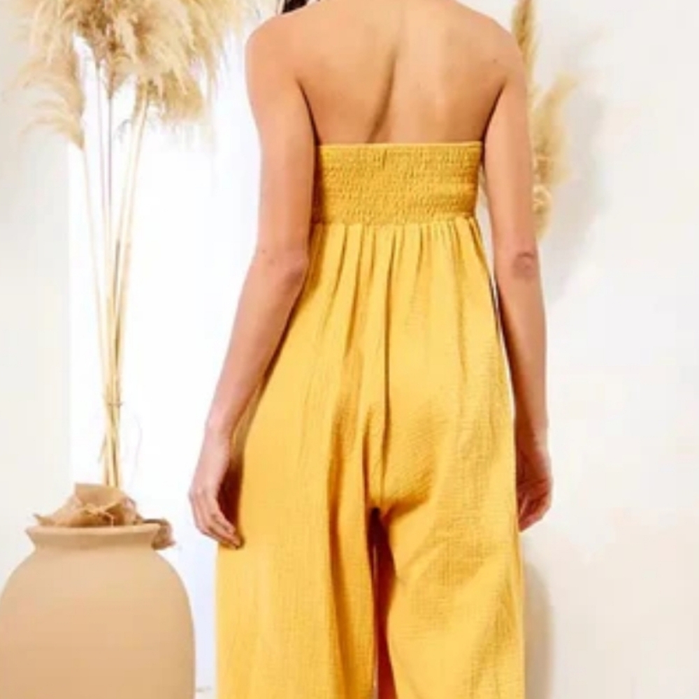 NEW The Bucketlist wide-leg strapless twisted bust gauze jumpsuit Yellow - Picture 4 of 4